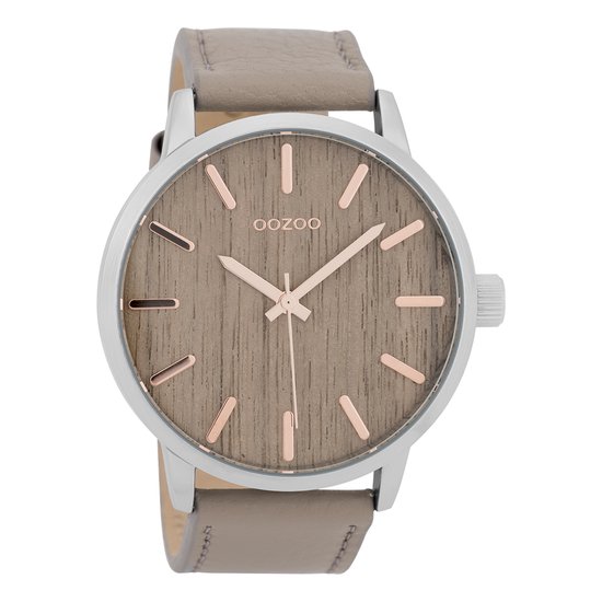 OOZOO Timepieces - Zilverkleurige horloge met taupe leren band - C9257