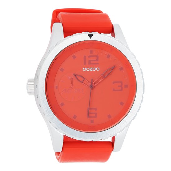 OOZOO Timepieces - Zilverkleurige horloge met rode rubber band - C3670