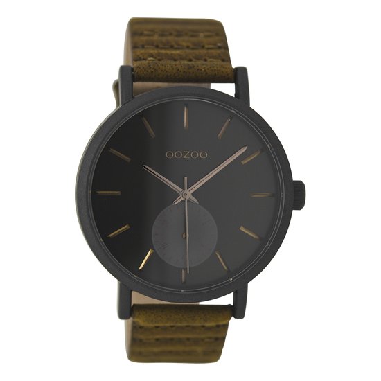 OOZOO Timepieces - Zwarte horloge met bruine leren band - C9188