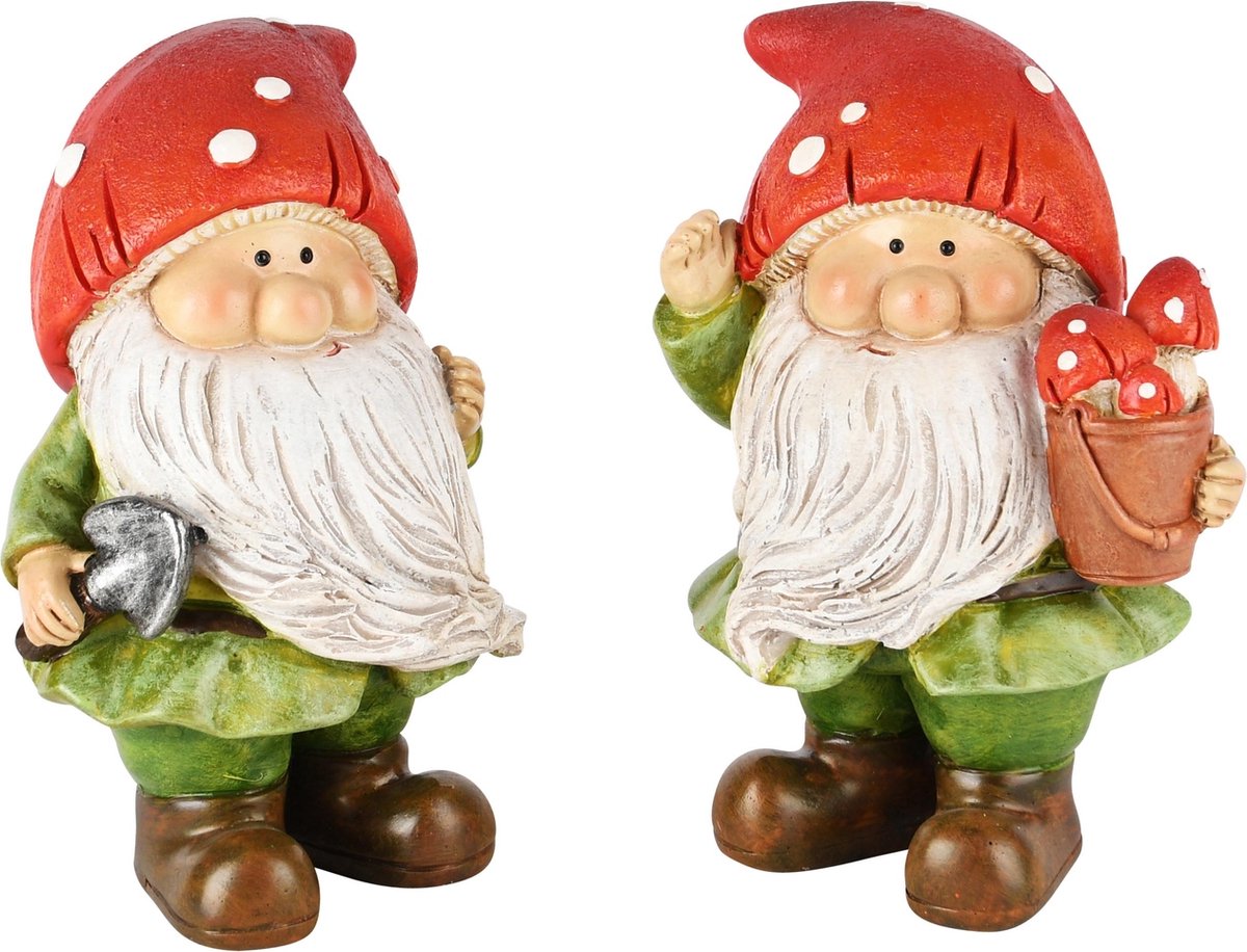 Dekoratief | Tuinkabouter m/paddenstoel, rood/groen, resina, 9x7x13cm, set van 2 stuks | A245149