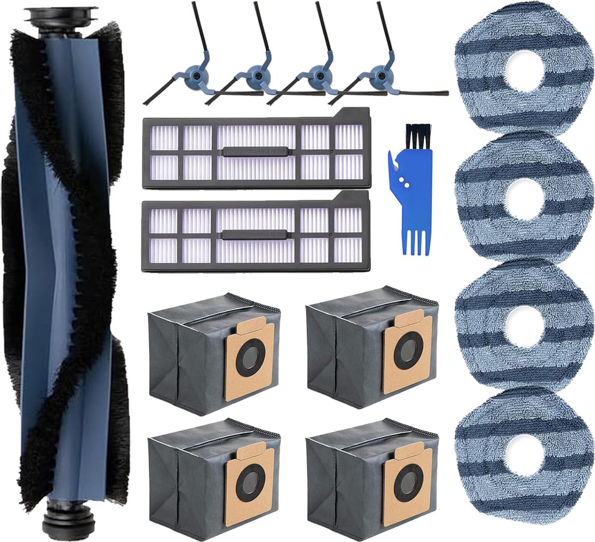 16 stuks stofzuigeraccessoires, compatibel met Eufy X10 Pro Omni robotstofzuiger, 1 hoofdborstel, 4 zijborstels, 2 filter, 4 dweildoek, 4 stofzak, 1 reinigingsborstel
