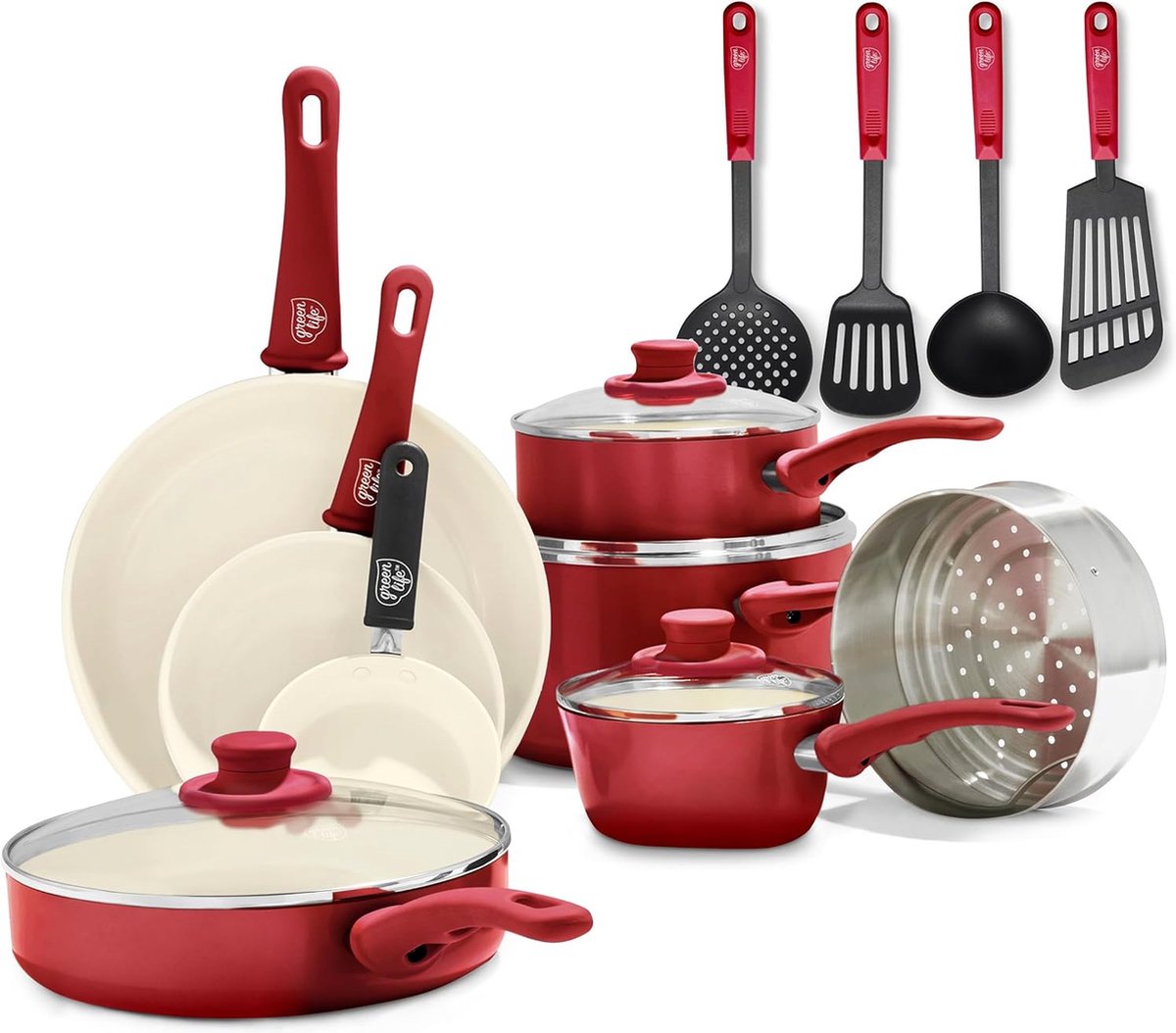 GreenLife Soft Grip Gezonde Keramische Antiaanbaklaag 16-delige Pannenset met Braadpan Steelpan en Kookpan PFAS-vrij Vaatwasmachinebestendig Ovenbestendig Rood