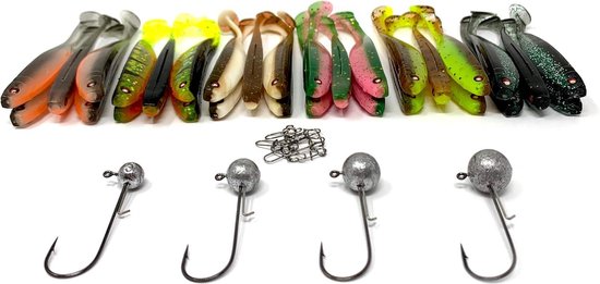 Hechtset Zanderfang Rubberen vis box - rubberen vissen met jigkop voor snoekbaars - 30 snoekbaarzen rubberen vissen - 6 kleuren - 95 cm - 16 jigkoppen maat 2/0 - 5-20 gram - 10 hangers - snaps Hechtset — afbeelding 3