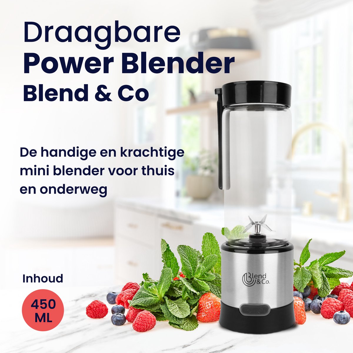 Blend&Co Mini Blender To Go – 450ml Glas – Draadloos & Draagbaar – Smoothie Maker – USB Oplaadbaar – Portable Blender – foto 3