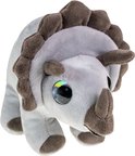Grijze triceratops knuffel met bruine accenten rond de nek en op de hoorns.