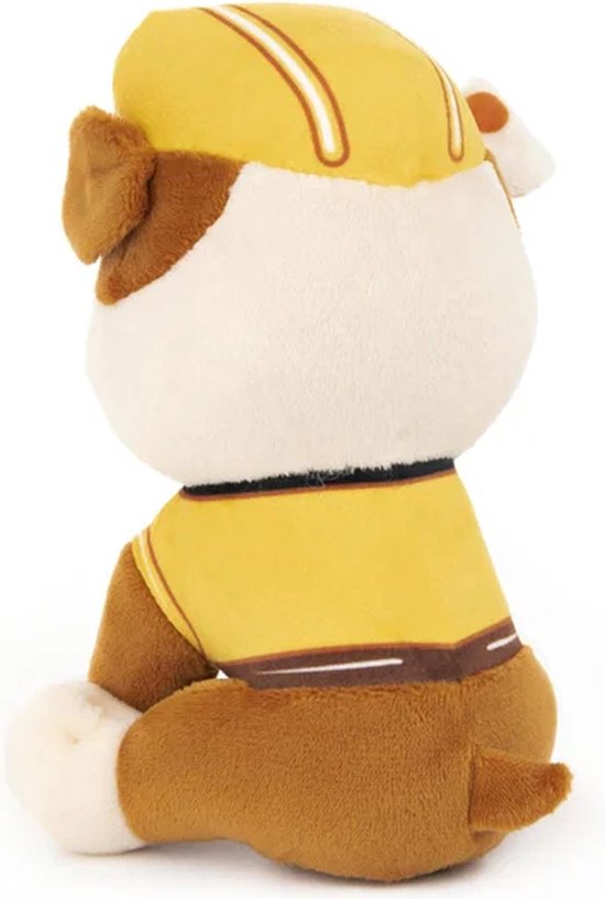 Achterkant van de Rubble knuffel, met zijn gele uniform en helm.