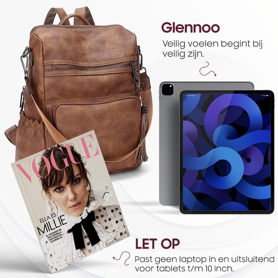 Bruine rugzak van Glennoo met Vogue magazine en tablet.