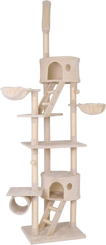 lionto XXL krabpaal voor katten met sisal & pluche, hoogte 230-250 cm, kattenboom met pluchen ballen incl. belletjes & hangmatten, tunnels & grotten, geschikt voor kleine & grote katten, beige