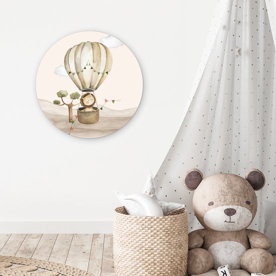 WallCircle® Wandcirkel 60x60 cm - Muurcirkel Luchtballon - Leeuw - Watercolor - Safari - Dieren - Kinderkamer - Babykamer - Muurdecoratie cirkel woonkamer - Wanddecoratie slaapkamer - Kamer decoratie accessoires - Ronde schilderijen