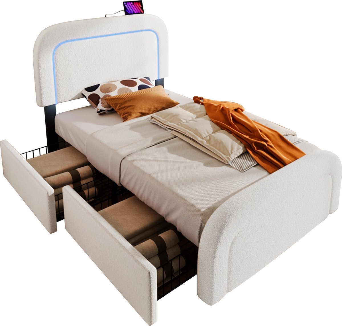Merax Sherpa Gestoffeerd Eenpersoonsbed met USB-C en LED Verlichting - Bed met Verstelbaar Hoofdeinde en 2 Lades - Wit