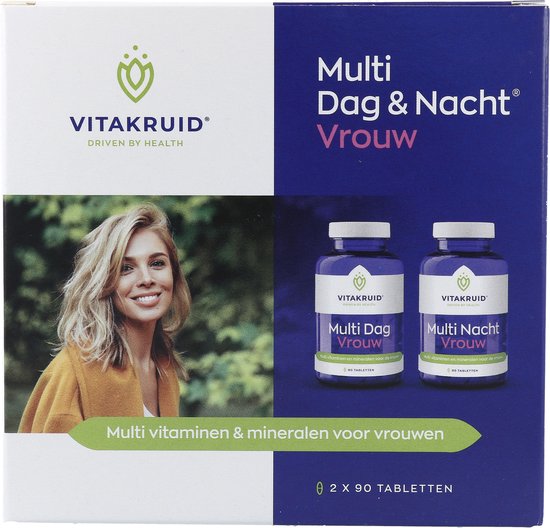 Vitakruid Multi Dag & Nacht Vrouw verpakking met op de voorkant een lachende vrouw en twee potjes supplementen.