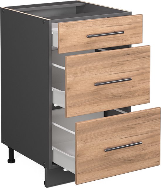 Vicco Élément bas de cuisine Fame- Line, Chêne puissant or/ Grijs, 50 cm sans plan de travail