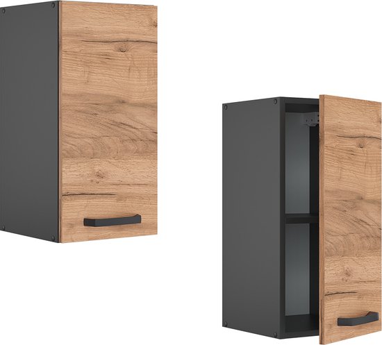 Meuble de cuisine Vicco R-Line, 30 cm, chêne doré puissant. Meuble fermé et ouvert.