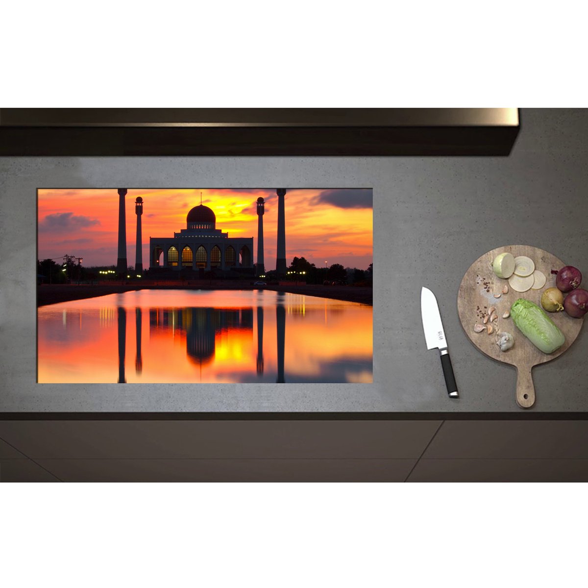 Inductieplaat Beschermer - Central Mosque of Songklha in Thailand bij Avondzon - 85x50 cm - 2 mm Dik - Inductie Beschermer - Bescherming Inductiekookplaat - Kookplaat Beschermer van Zwart Vinyl