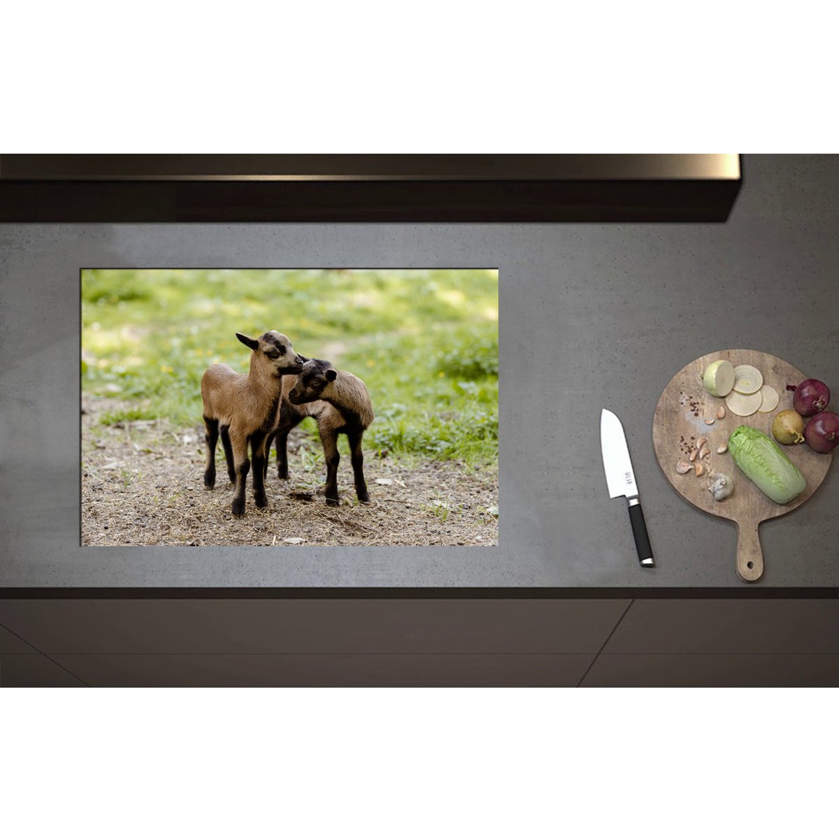 Inductieplaat Beschermer - Bruin met Zwarte Kussende Lammetjes - 75x50 cm - 2 mm Dik - Inductie Beschermer - Bescherming Inductiekookplaat - Kookplaat Beschermer van Zwart Vinyl