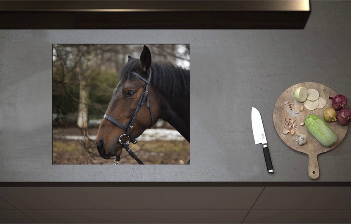 Inductieplaat Beschermer - Bruin paard met halster om buiten - 59x52 cm - 2 mm Dik - Inductie Beschermer - Bescherming Inductiekookplaat - Kookplaat Beschermer van Wit Vinyl