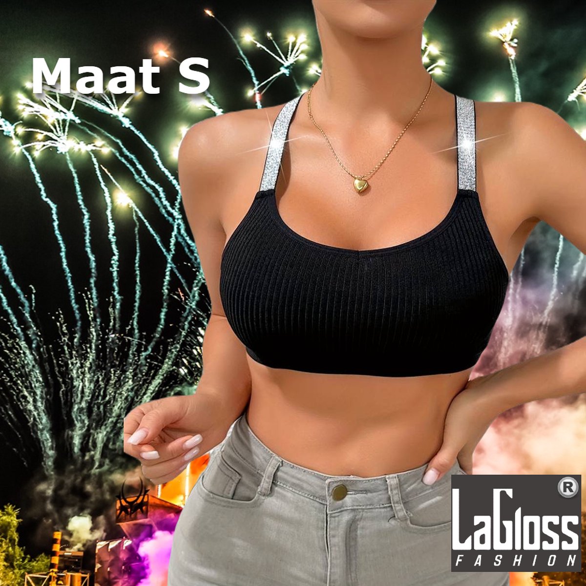 LaGloss® Zwarte Festival Top met Zilveren Schouderbanden - Sportieve en Stijlvolle Dames Hemdjes - Polyamide en Elastaan - Machinewasbaar - Maat S/36 %%