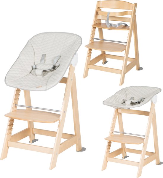 roba Growing Wooden High Chair - Born Up 2in1 Set ' Grijs Padded' - Chaise haute avec transat réglable à 2 positions (Naturel)