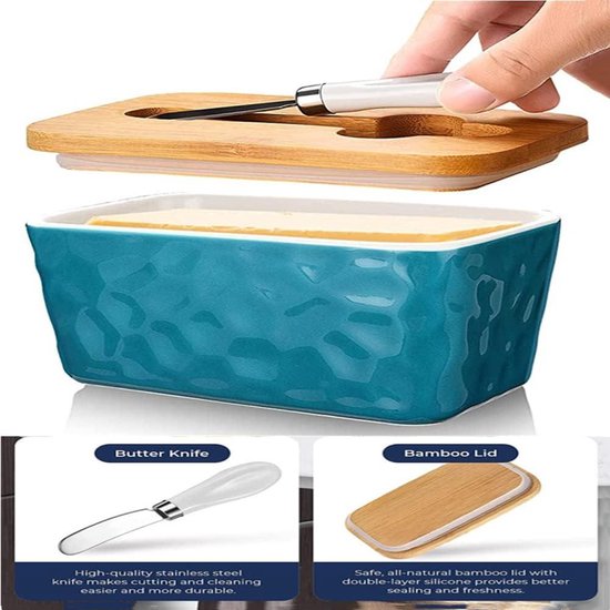 Botervloot Blauwe boterschotel met deksel, schattige keramische boterhouder met handvat, multifunctionele botercontainer voor kaas, boter en cake Botervloot Blauwe boterschotel met deksel, schattige keramische boterhouder met handvat, multifunctionele botercontainer voor kaas, boter en cake