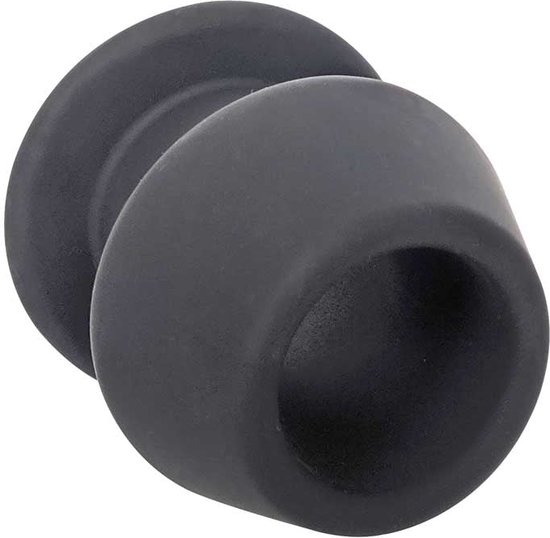 Zwarte, siliconen tunnel plug met een platte basis en conische opening.