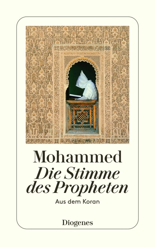 Boek 'Mohammed: Die Stimme des Propheten' met een afbeelding van een persoon in witte kleding in een nis met Arabische inscripties.