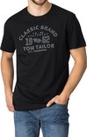 Zwart T-shirt met opdruk 'CLASSIC BRAND FW-22 STATEMENT 19-62 TOM TAILOR EST. TRADEMARK'.