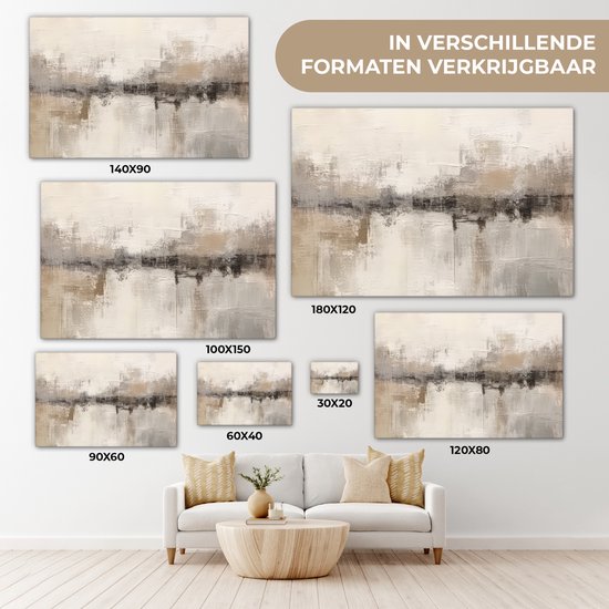 Plusieurs tailles d'une peinture abstraite dans des tons beige, gris et brun au-dessus d'un canapé.