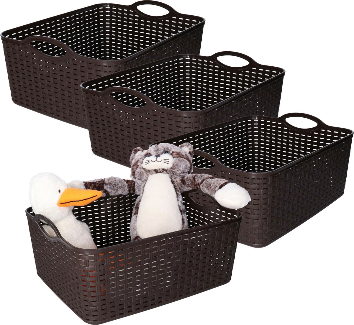 PLASTICFORTE opbergmandje/kastmandje - 4x - 11 liter - donkerbruin - kunststof - 35 x 28 x 16 cm - nestbaar