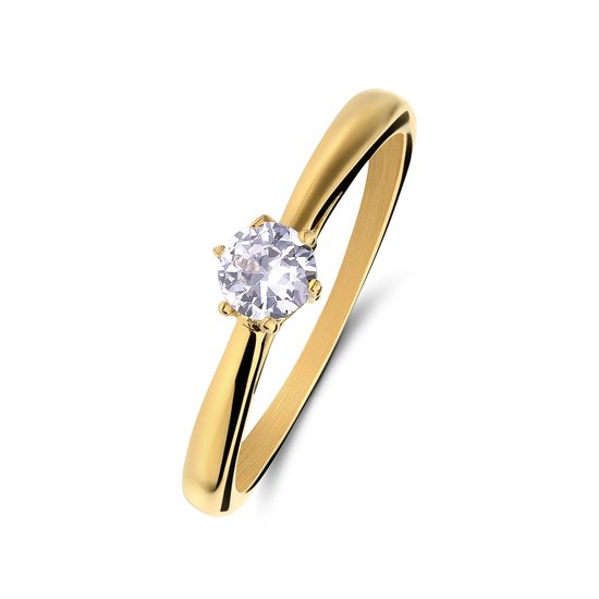 Lucardi Dames Stalen golplated solitair aanzoeksring met zirkonia - Ring - Staal - Goud - 20,5 / 64 mm