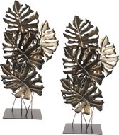 MISOU Ornament op Voet - voor Binnen - op Standaard - 2 stuks - Decoratie Monstera - Goud - 57cm - Metaal