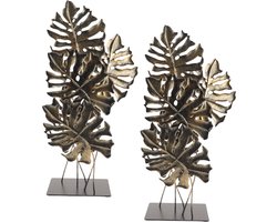 foto van MISOU Ornament op Voet - voor Binnen - op Standaard - 2 stuks - Vensterbank Decoratie - Monstera - Goud - 57cm - Metaal