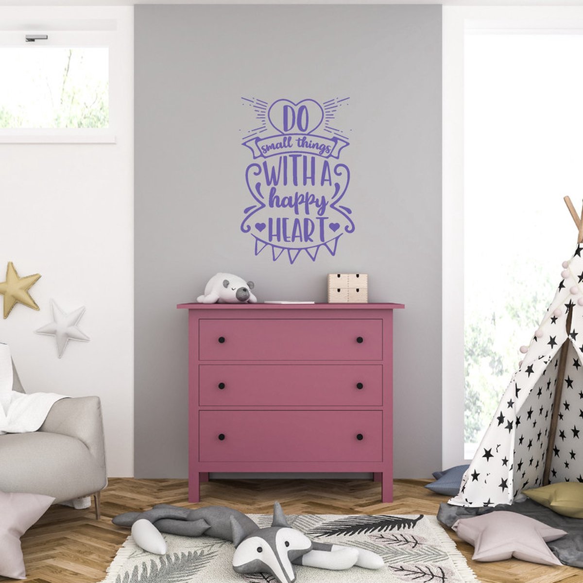 MC Living Muursticker - Do Small Things With A Happy Heart - 58 x 83 - Paars