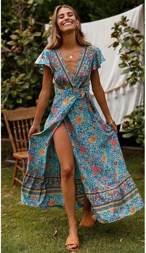 Maxi-jurk met gekleurde inzet en v-hals, zomerjurk, strandjurk