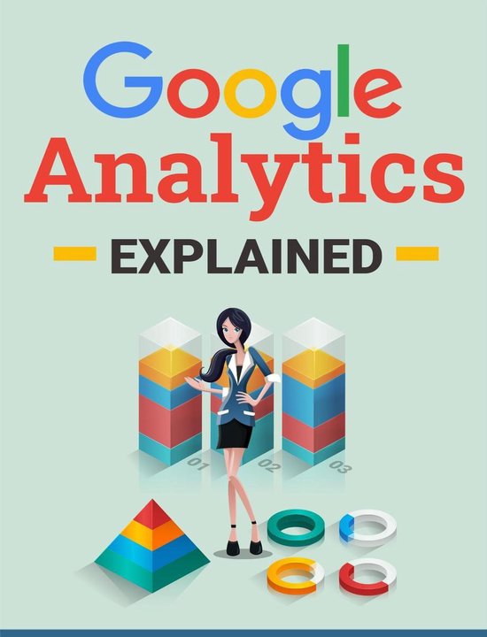 Een illustratie met de tekst 'Google Analytics EXPLAINED'. Een zakenvrouw staat naast 3D-grafieken en piramides.