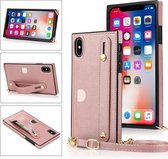 Voor iPhone XS Max polsband PU + TPU schokbestendige beschermhoes met crossbody lanyard & houder & kaartsleuf (roségoud)