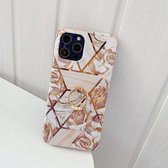 Plating Splicing Pattern Soft TPU beschermhoes met standaard Ringhouder voor iPhone 12/12 Pro (stiksels gouden bloemen)