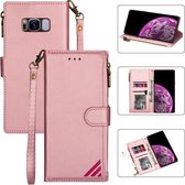 Voor Samsung Galaxy S8 Rits Multi-kaartsleuven Horizontale Flip PU lederen tas met houder & kaartsleuven & portemonnee & lanyard & fotolijst (rose goud)