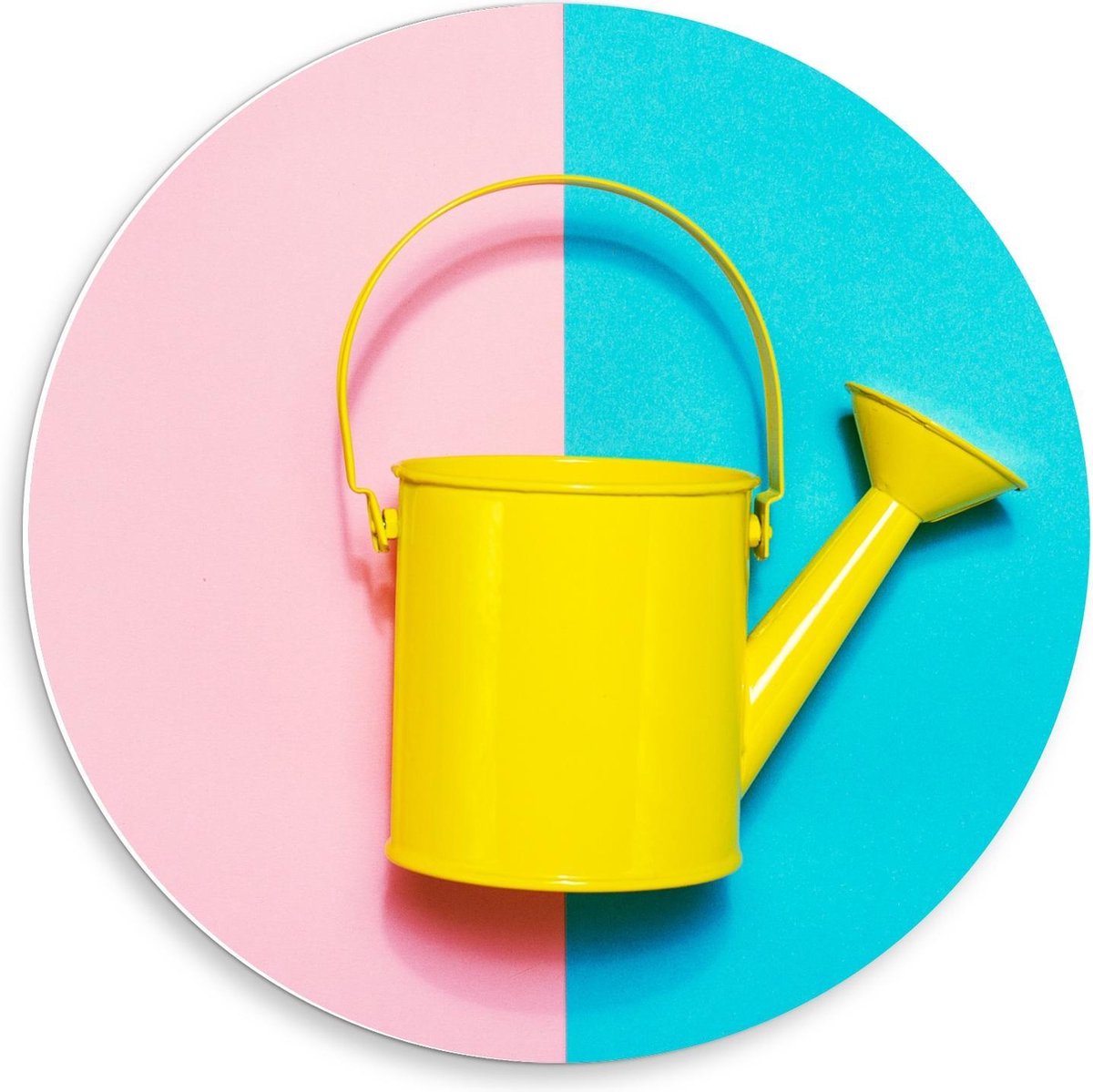 Forex Wandcirkel - Gele Gieter op Blauw/Roze Vakken - 50x50cm Foto op Wandcirkel (met opha