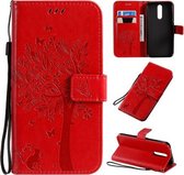 Voor Xiaomi Redmi 8 Boom & Kat Patroon Geperst Afdrukken Horizontale Flip PU Lederen Case met Houder & Kaartsleuven & Portemonnee & Lanyard (Rood)