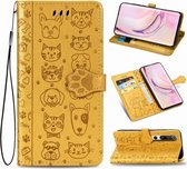 Voor Xiaomi 10/10 Pro Leuke Kat en Hond Reliëf Horizontale Flip Leren Case met Beugel / Kaartsleuf / Portemonnee / Lanyard (Yelllow)