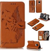 Voor Xiaomi Redmi Note 9 Pro Litchi Textuur Veer Embossing Patroon Horizontale Flip Leren Hoes met Houder & Kaartsleuven & Portemonnee & Fotolijst & Lanyard (Bruin)