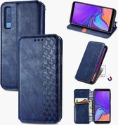 Voor Samsung Galaxy A7 (2018) Cubic Grid Pressed Horizontal Flip Magnetic Leather Case met houder & kaartsleuven & portemonnee (blauw)