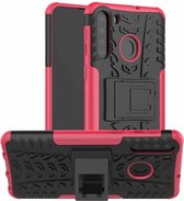 Voor Samsung Galaxy A21 Bandentextuur Schokbestendig TPU + PC Beschermhoes met houder (Rose Red)