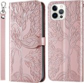 Life of Tree Embossing Pattern Horizontale flip lederen hoes met houder & kaartsleuf & portemonnee & fotolijst & lanyard voor iPhone 12/12 Pro (roségoud)