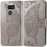 Voor LG K40S vlinder liefde bloem reliëf horizontale flip lederen tas met beugel / kaartsleuf / portemonnee / lanyard (grijs)