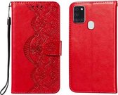 Voor Samsung Galaxy A21s Flower Vine Embossing Pattern Horizontale Flip Leather Case met Card Slot & Holder & Wallet & Lanyard (Red)