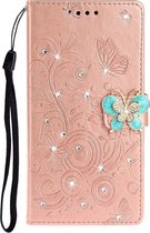 Voor Galaxy A51 Diamond Encrusted Butterflies Love Flowers Pattern Horizontal Flip Leather Case with Holder & Card Slots & Wallet & Lanyard (Rose Gold)