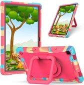 Voor Samsung Galaxy Tab A7 10.4 (2020) T500 / T505 Contrastkleur Schokbestendig Robot Silicone + PC Case met Polsbandhouder (Camouflage + Rose Rood)