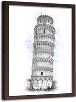 Foto in frame , Scheve toren van Pisa ,70x100cm , Wit grijs blauw , wanddecoratie