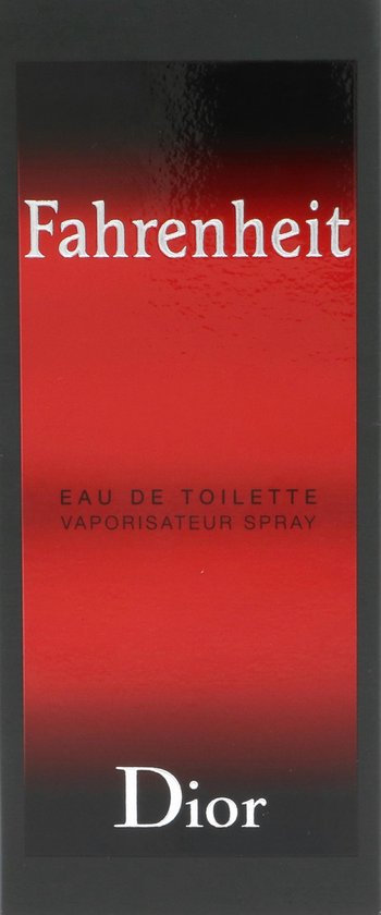 Rode kartonnen doos van Dior Fahrenheit Eau de Toilette met witte tekst.